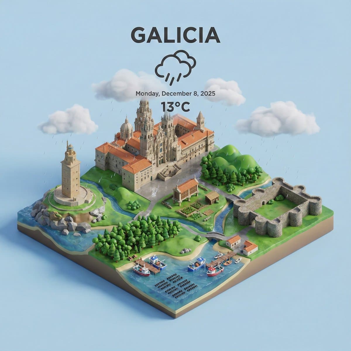 Galicia Spain 3D Isometric Landscape Weather Forecast - 3d Miniatures AI prompt