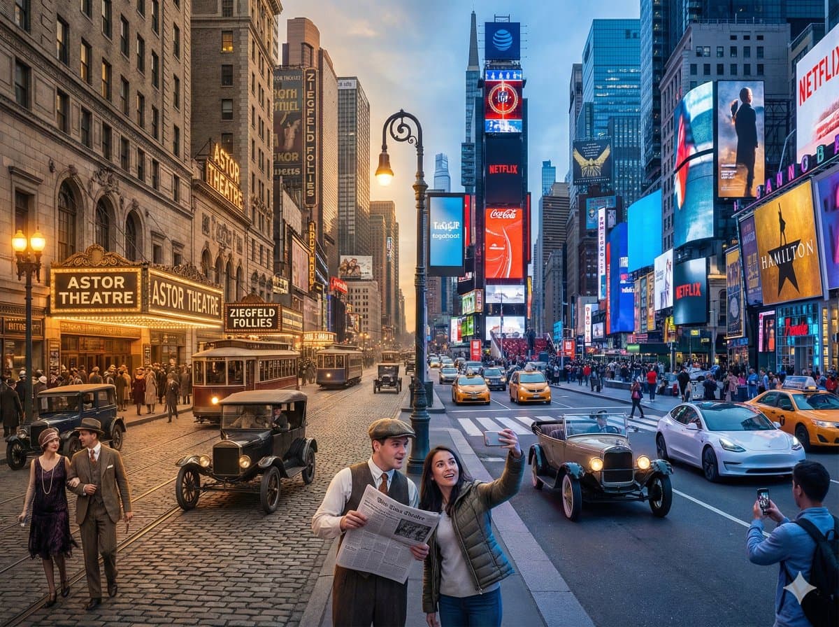 New York City Time Blend: Vintage 20s & Modern Times Square - Urban Cityscapes AI prompt