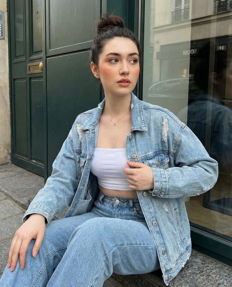 Stylish Young Woman in Denim Jacket & Crop Top Urban Shoot - Fashion Photography AI prompt