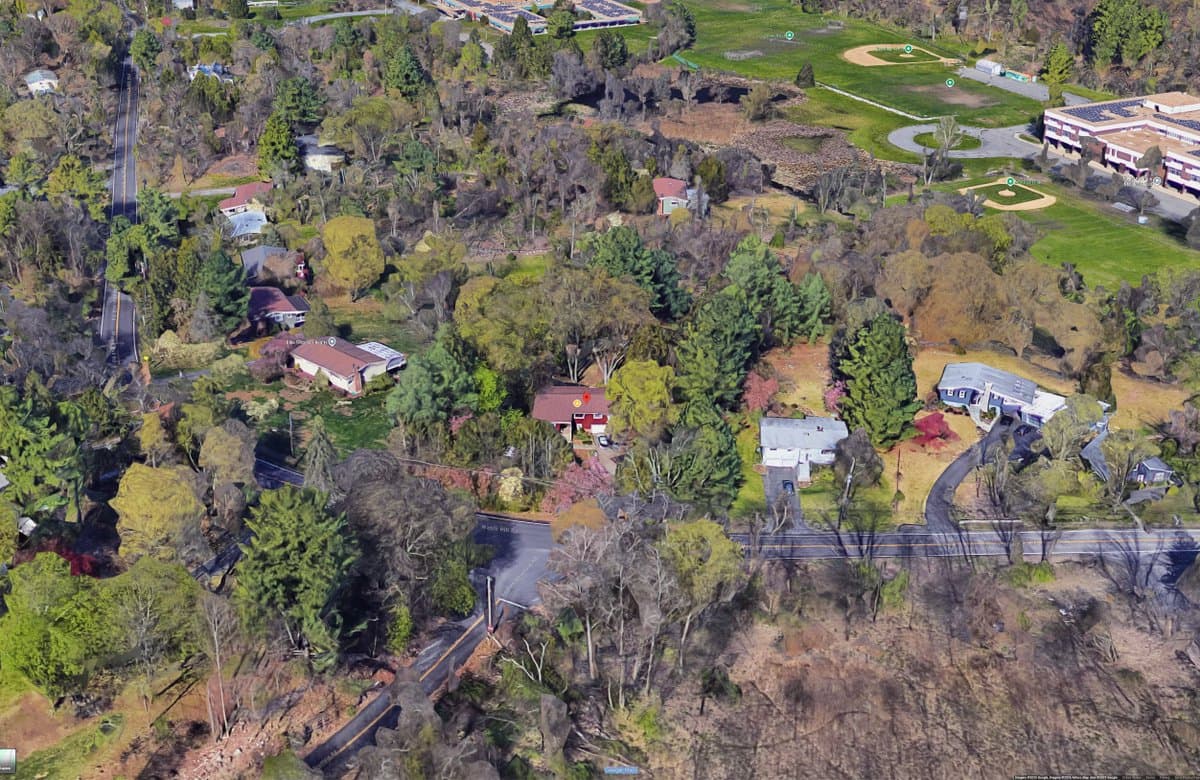 Aerial Suburban Landscape: Houses, Trees & Fields - Nature Landscapes AI prompt