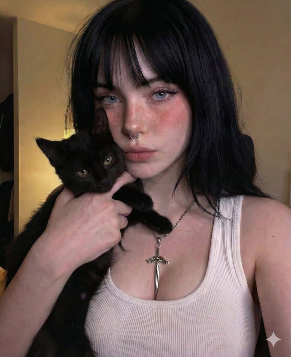 Moody Portrait: Dark Haired Woman with Black Cat & Piercings - Portrait Photography AI prompt