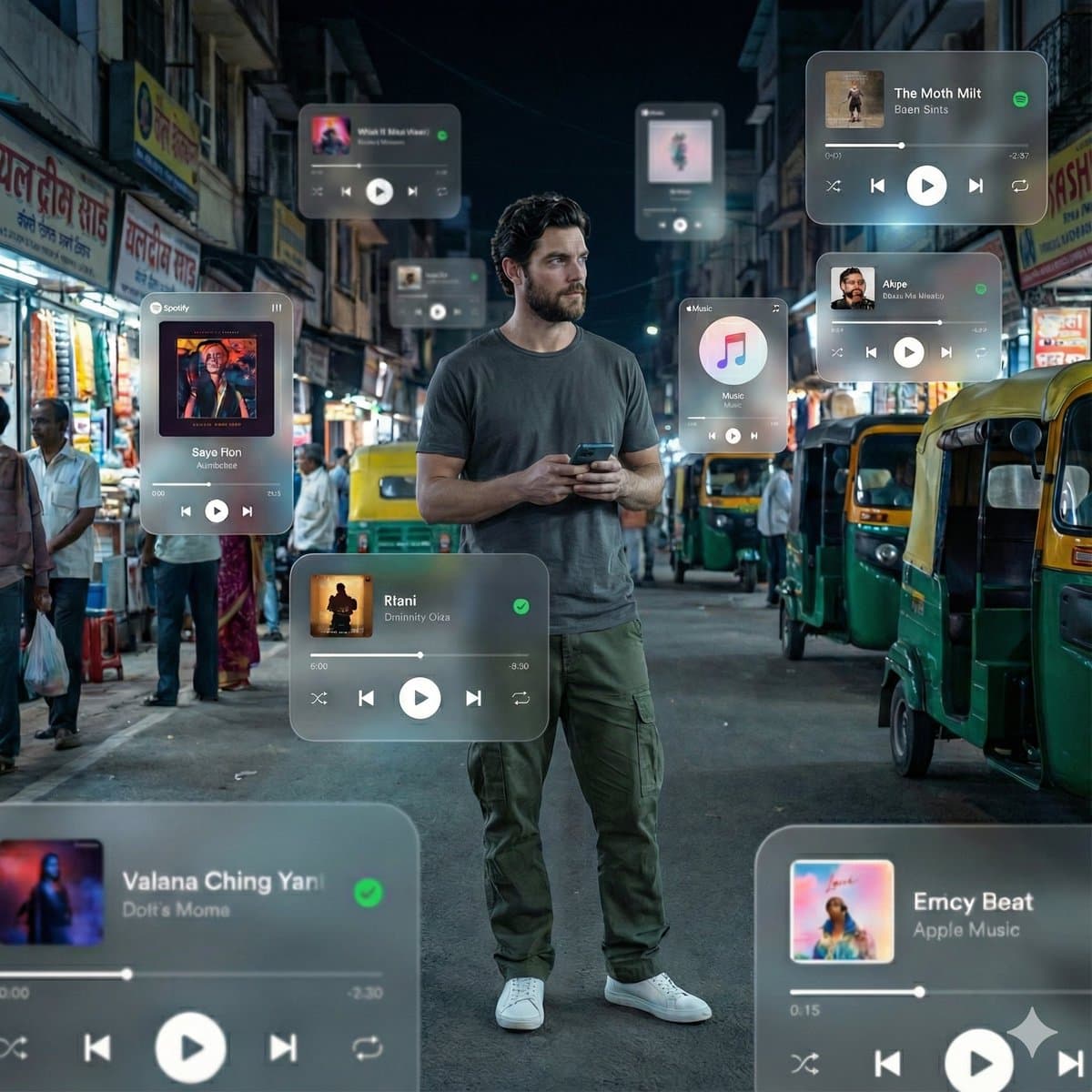 Man with Augmented Reality Music Players on Urban Street - Fantasy Scifi AI prompt