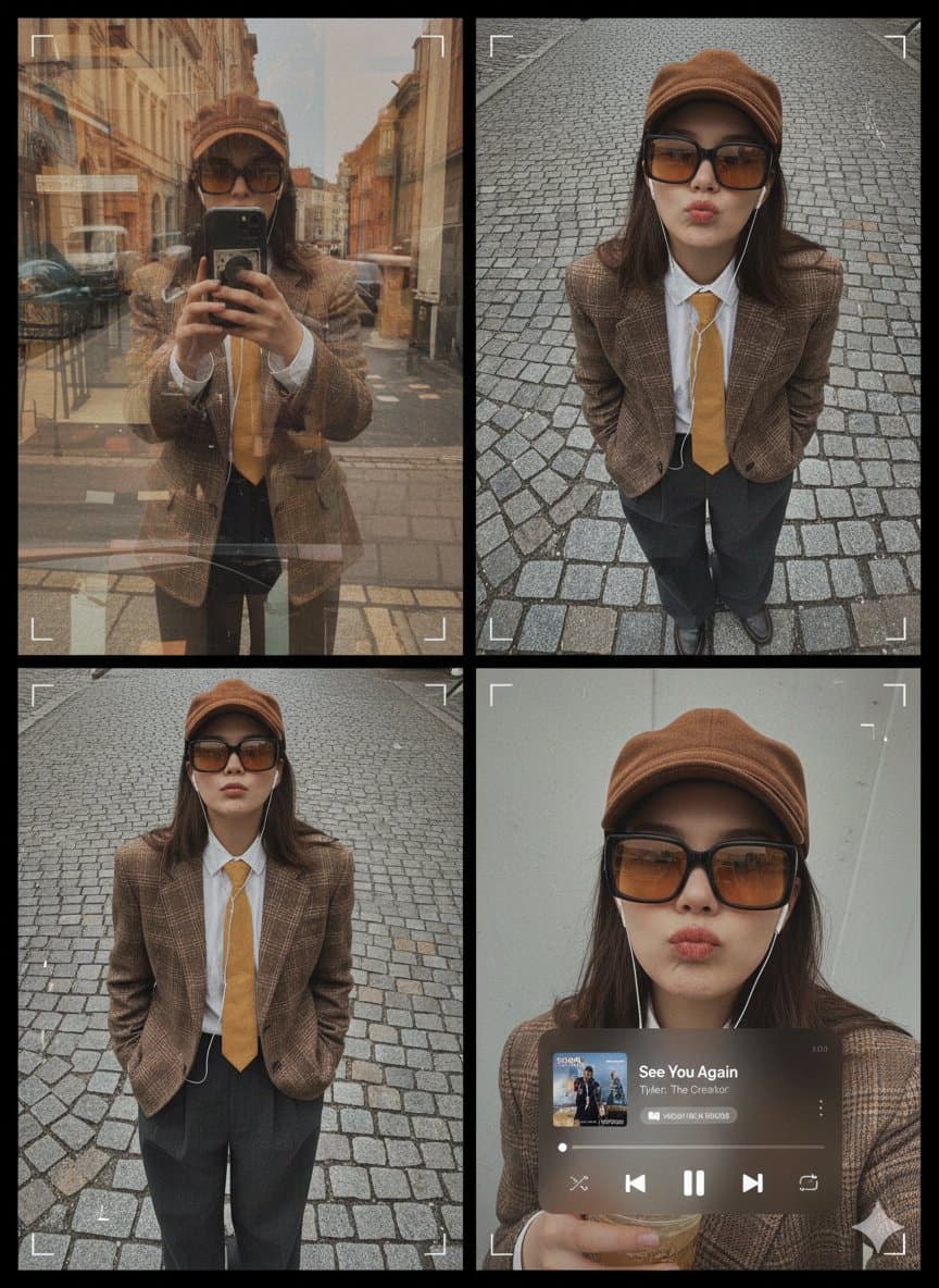 Chic Street Style: Woman in Brown Blazer & Yellow Tie - Fashion Photography AI prompt