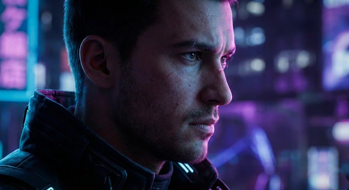 Sci-Fi Cyberpunk Male Character Portrait - Neon City Night - Fantasy Scifi AI prompt