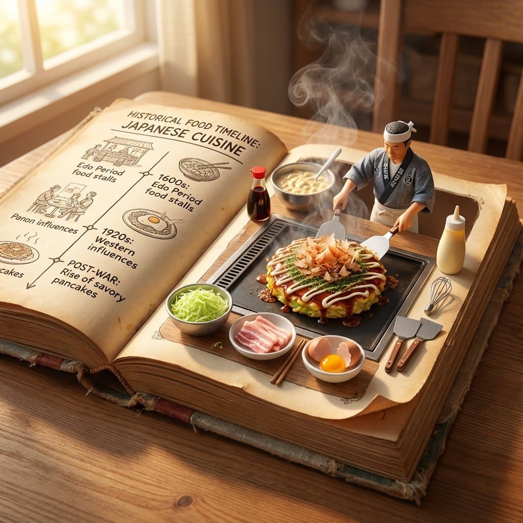Japanese Cuisine: Miniature Okonomiyaki & Food History - Food Culinary AI prompt