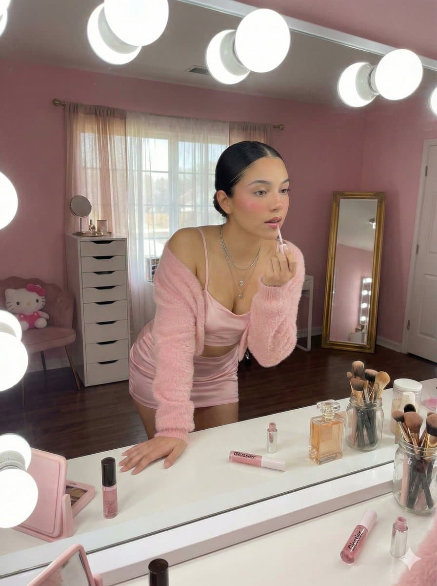Feminine Pink Vanity Makeup Routine - Beauty Portrait - Portrait Photography AI prompt