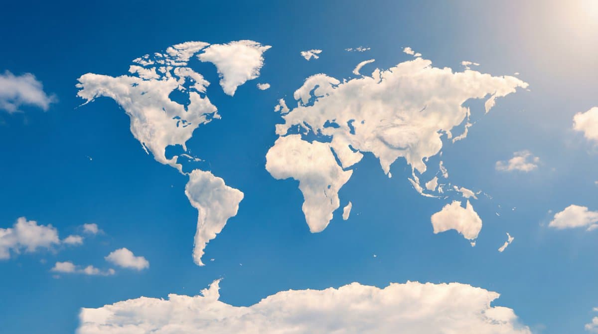 Photorealistic Cloud World Map Art on Blue Sky - Nature Landscapes AI prompt