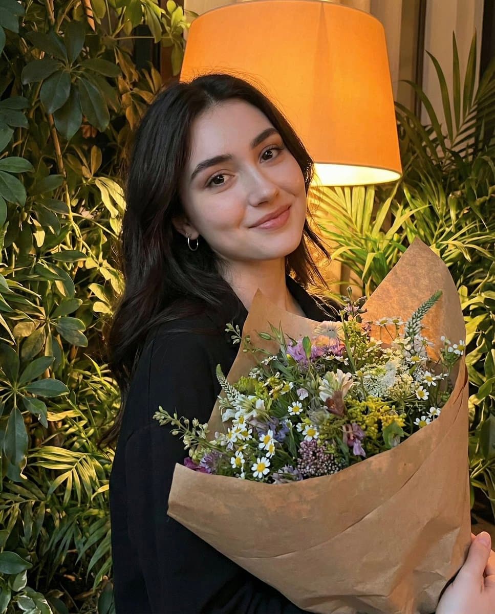 Smiling Woman with Wildflower Bouquet, Warm Indoor Portrait - Portrait Photography AI prompt