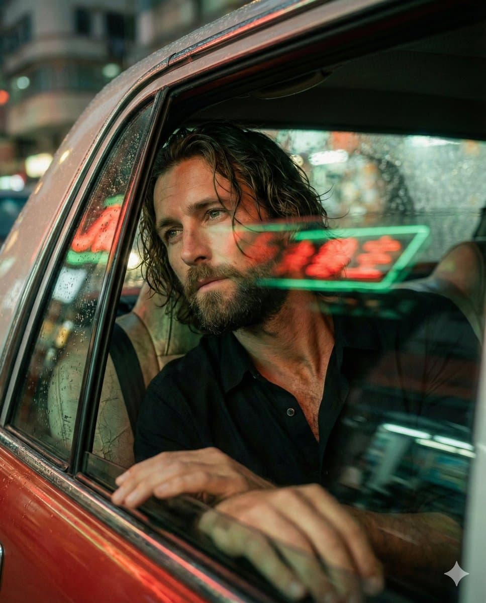 Cinematic Portrait of Man in Car at Night with Neon Lights - Portrait Photography AI prompt