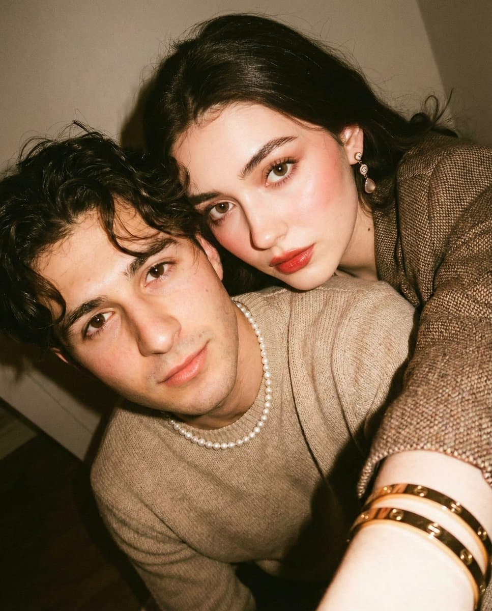 Intimate Couple Portrait: Warm Fashion with Pearls - Portrait Photography AI prompt
