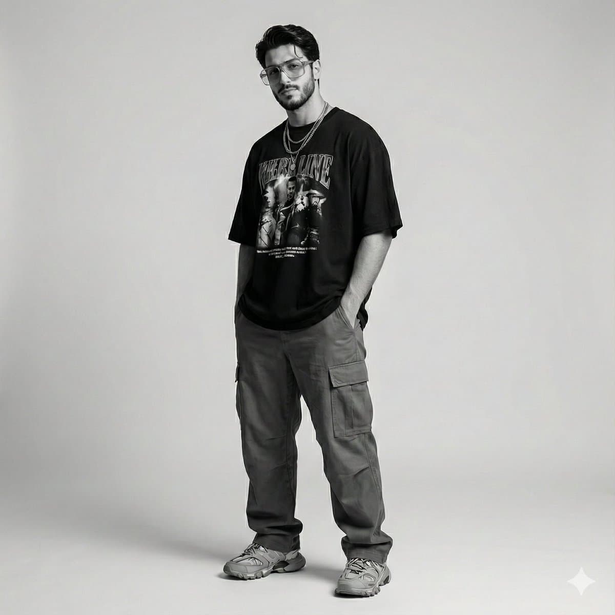 Male Model Streetwear Fashion Monochrome Studio Portrait - Fashion Photography AI prompt