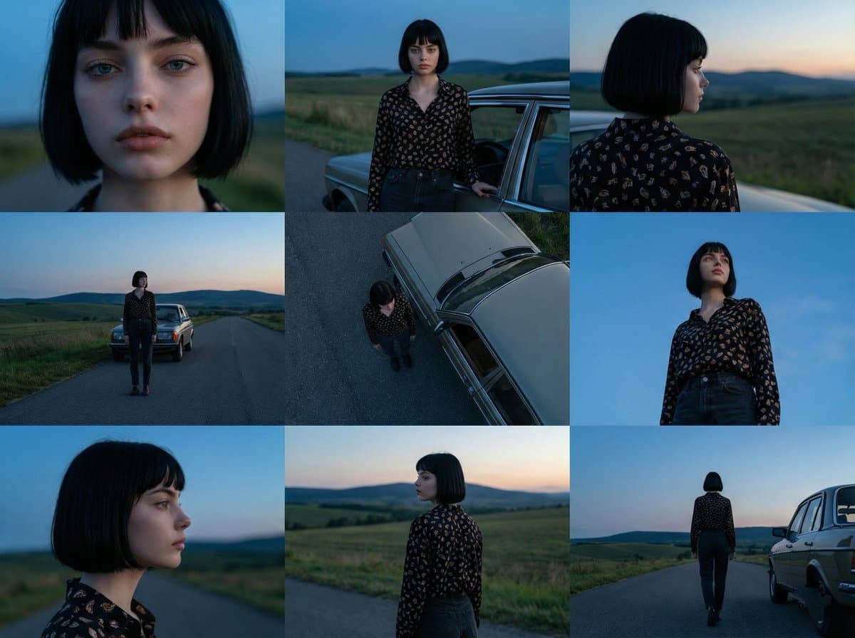 Moody Fashion Photography: Woman, Vintage Car, Rural Dusk - Fashion Photography AI prompt