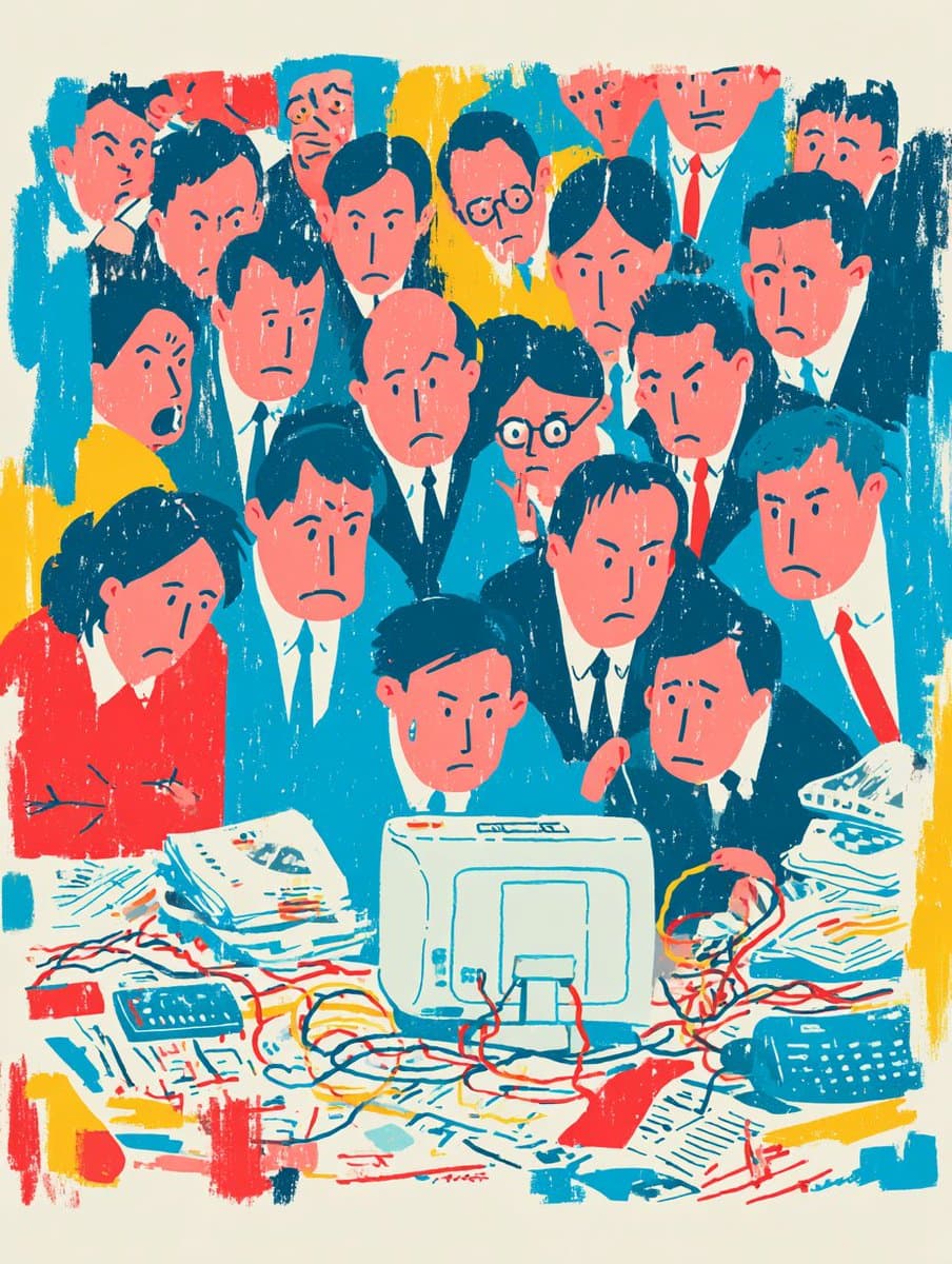 Vintage Office Crisis: Anxious Business Crowd & Desktop Chaos - Vintage Retro AI prompt