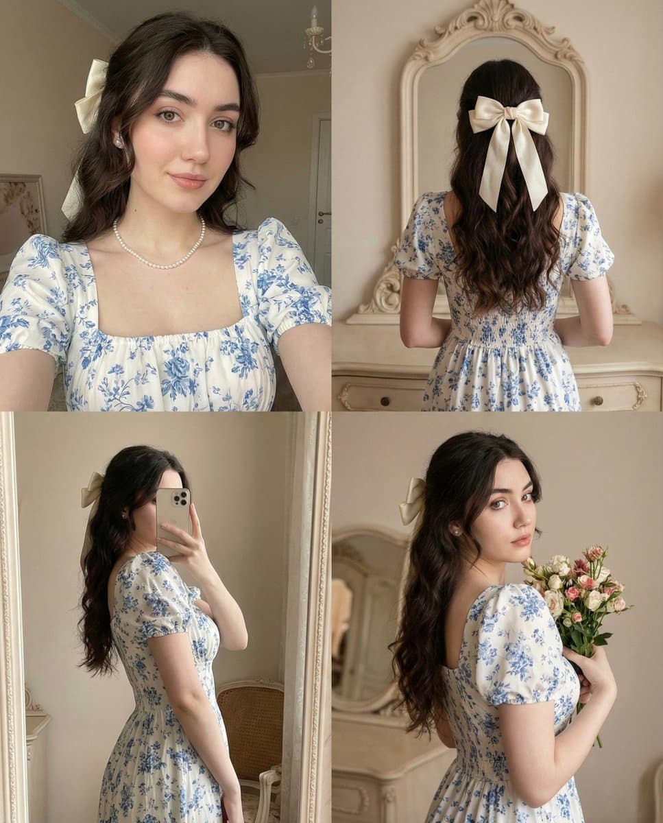 Young Woman in Floral Dress - Romantic Photorealistic Portrait - Fashion Photography AI prompt