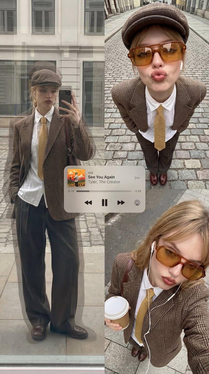 Vintage Inspired Street Style: Plaid Blazer & Tie Outfit - Fashion Photography AI prompt