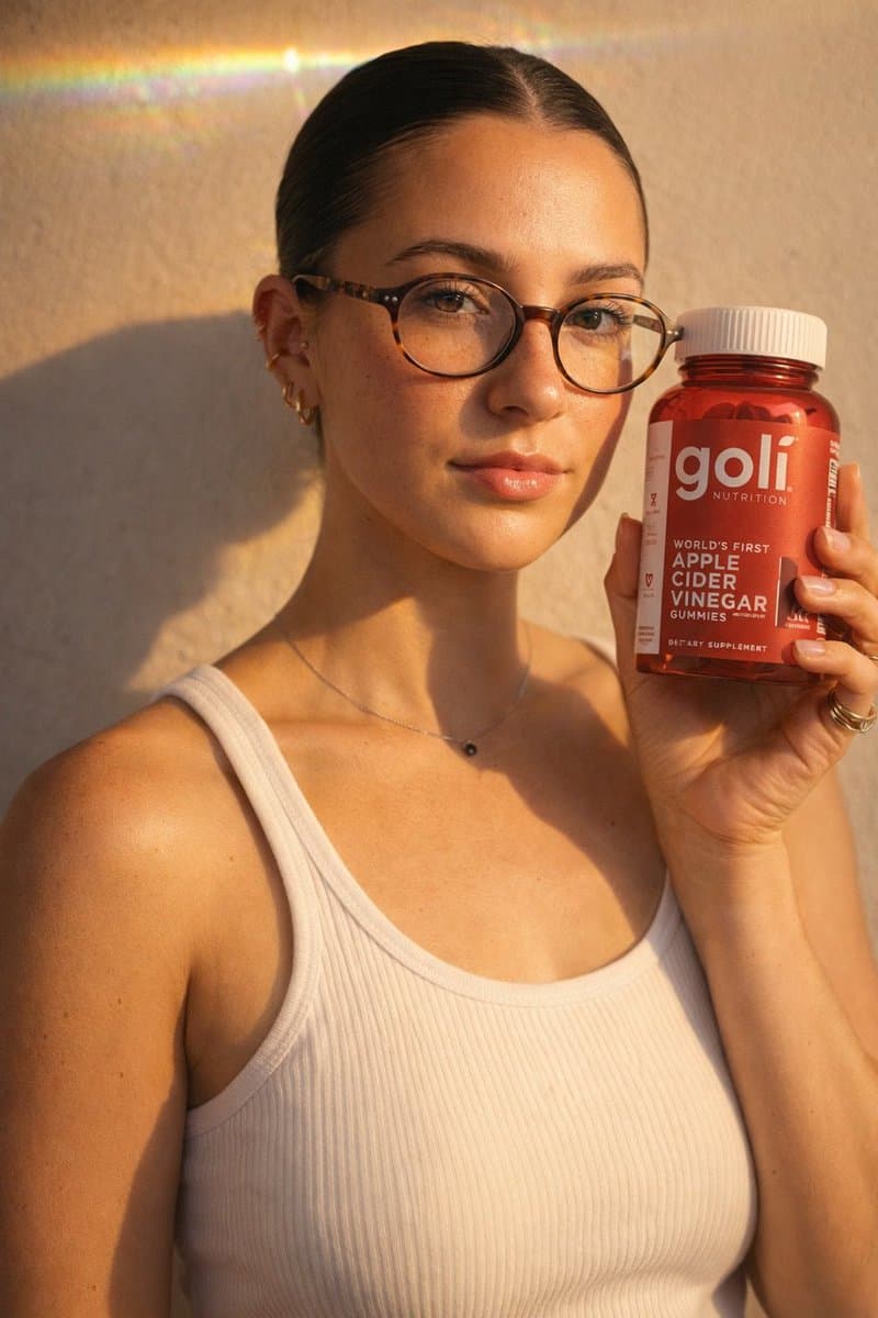 Woman with Goli Apple Cider Vinegar Gummies - Golden Hour - Portrait Photography AI prompt