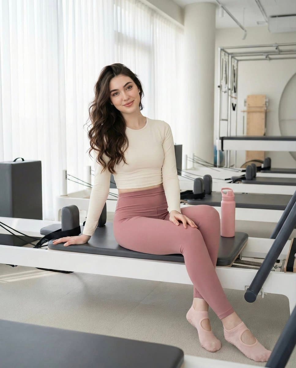Pilates Studio Photo: Woman in Pink Leggings & Crop Top - Fashion Photography AI prompt