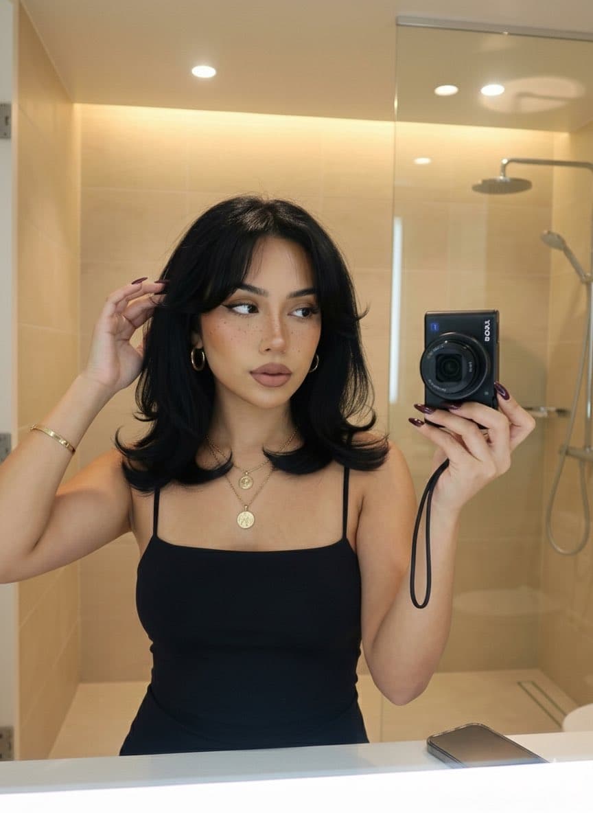 Stylish Woman Mirror Selfie - Dark Hair & Makeup Portrait - Portrait Photography AI prompt