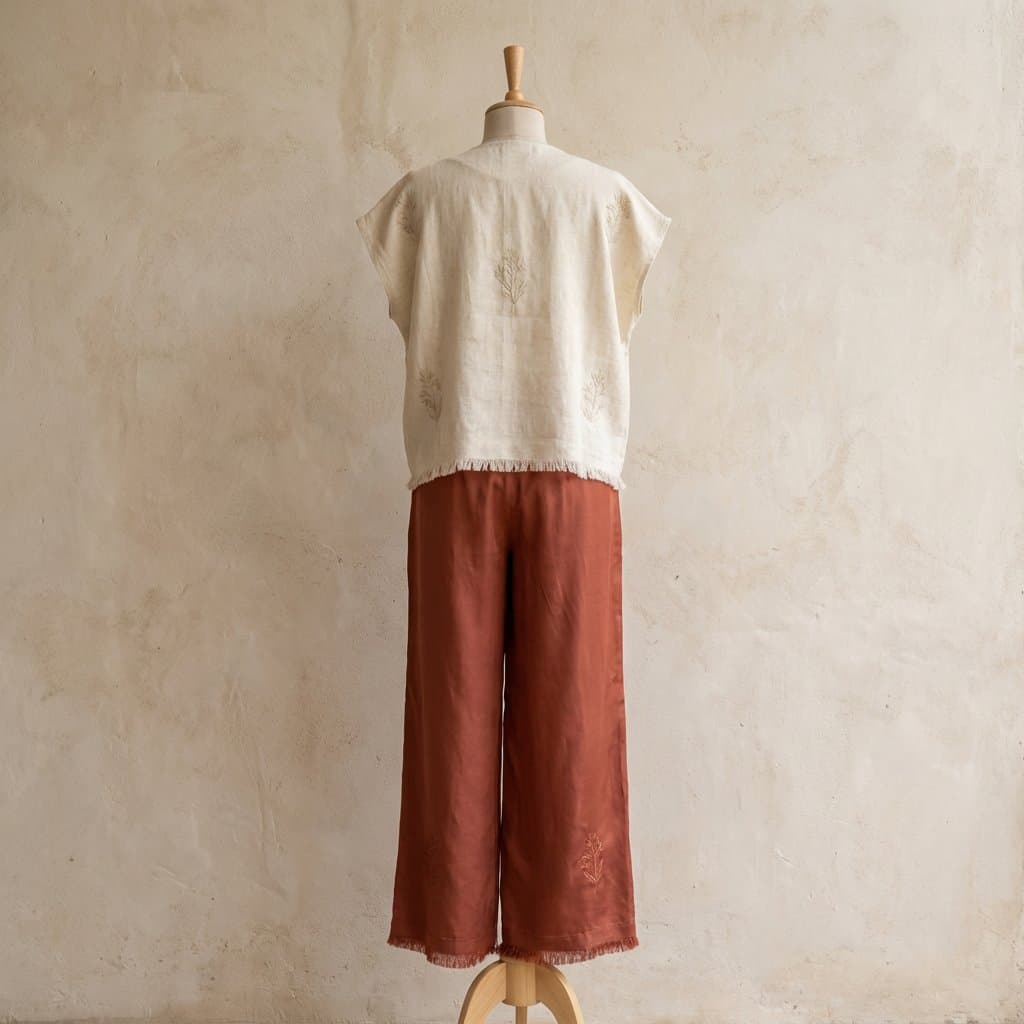 Artisanal Linen Fashion: Embroidered Top & Wide-Leg Pants - Fashion Photography AI prompt