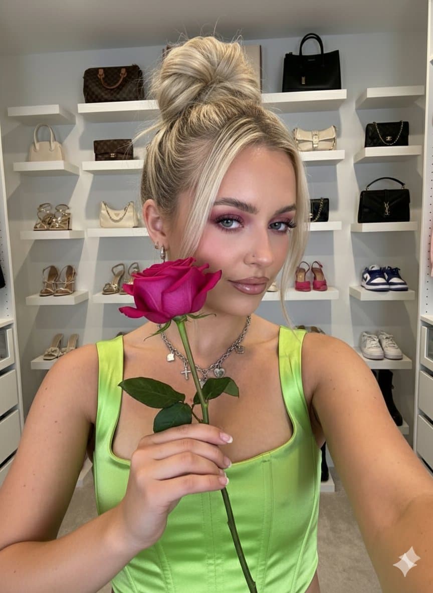 Blonde Woman Portrait with Rose | Chic Fashion Closet - Portrait Photography AI prompt