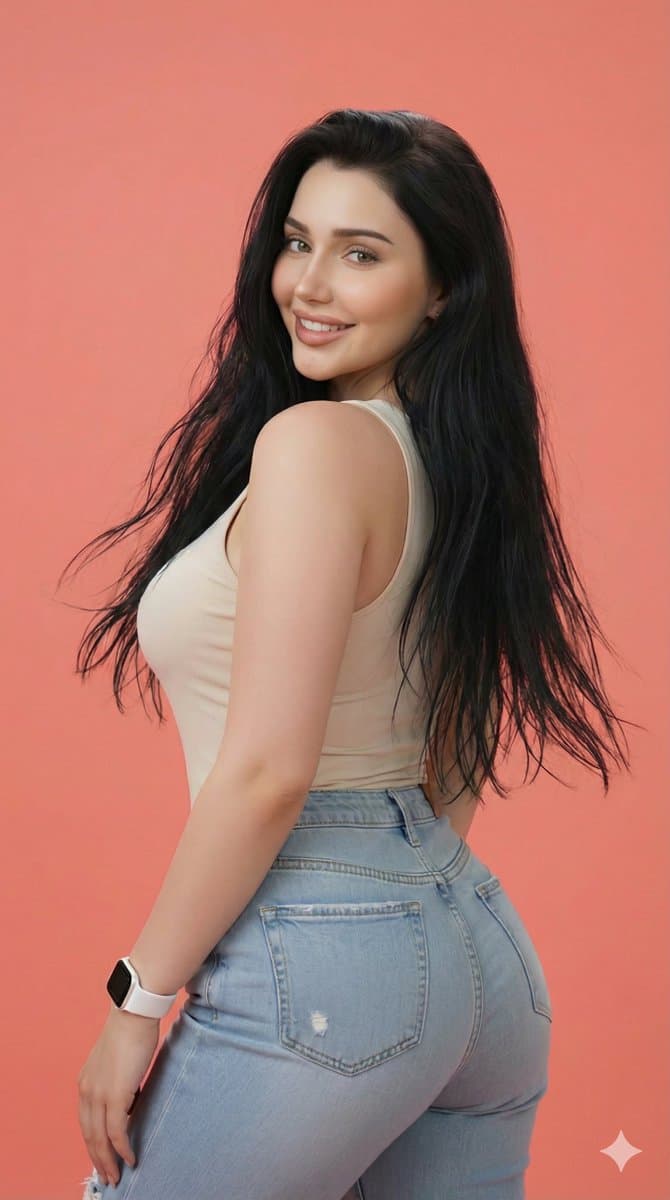 Photorealistic Portrait: Smiling Woman in Casual Fashion - Portrait Photography AI prompt