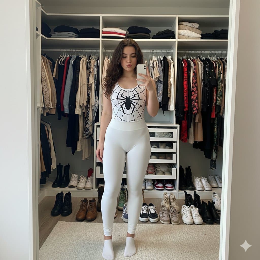 Woman in Spider-Man Bodysuit & Leggings Selfie - Fashion Photography AI prompt