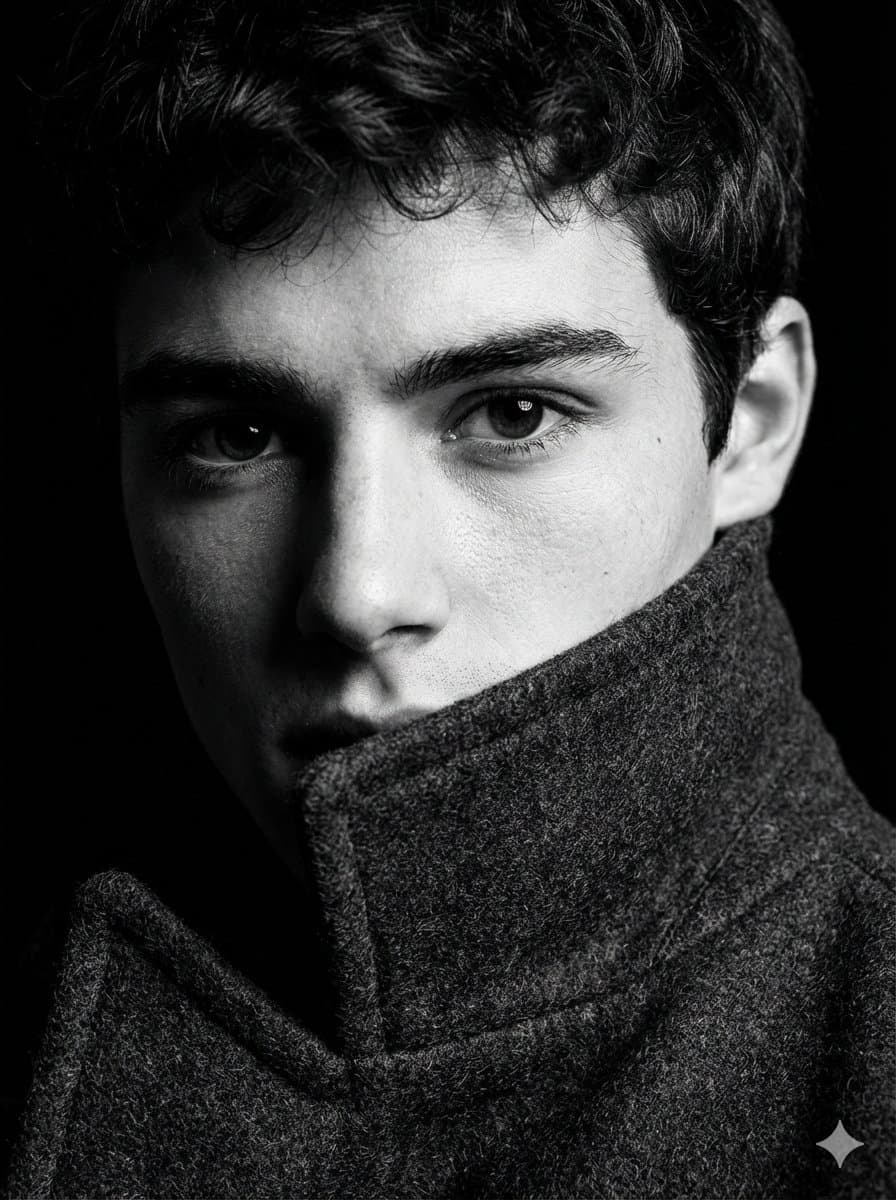 Intense Black and White Male Portrait - Dramatic Lighting - Portrait Photography AI prompt
