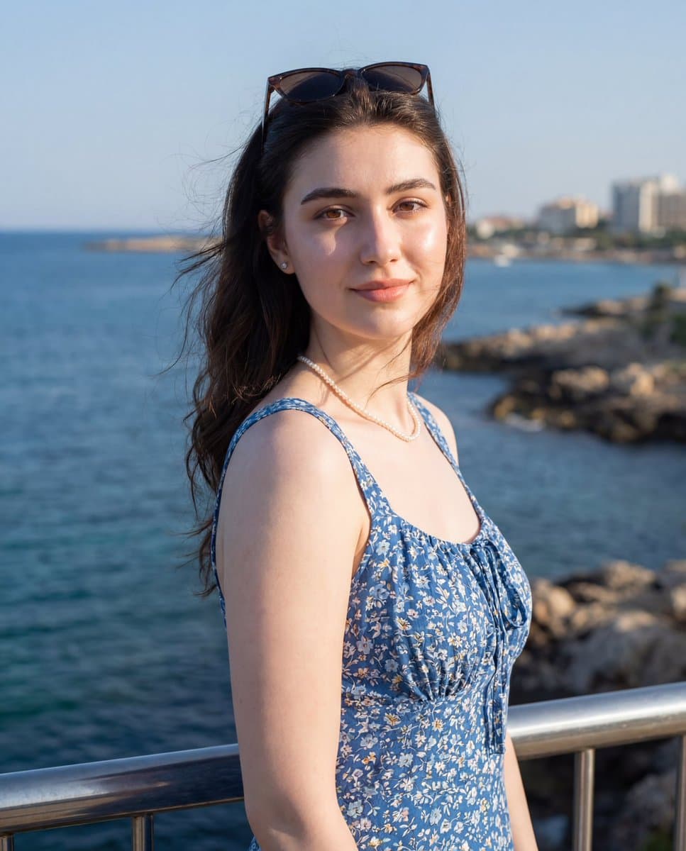Summer Portrait of Woman in Floral Dress by the Sea - Portrait Photography AI prompt