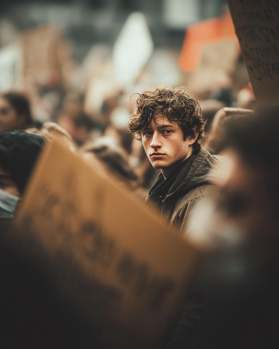 Young Man Portrait at Protest - Photorealistic & Cinematic - Portrait Photography AI prompt