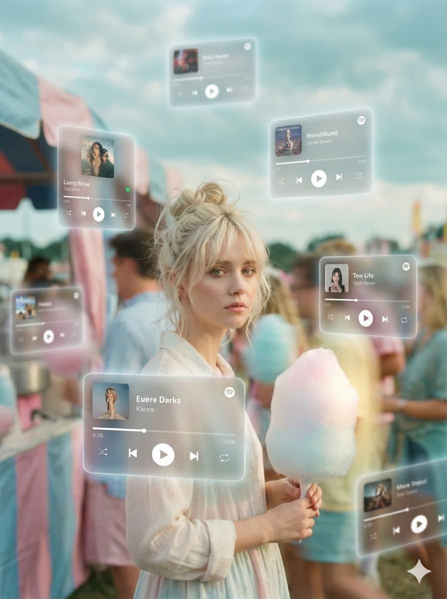 Photorealistic Portrait: Woman, Cotton Candy & AR Music UI - Portrait Photography AI prompt
