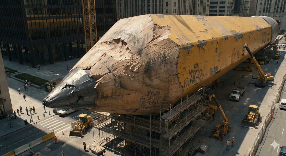 Giant Pencil Cityscape: Surreal Urban Construction - Cinematic Posters AI prompt