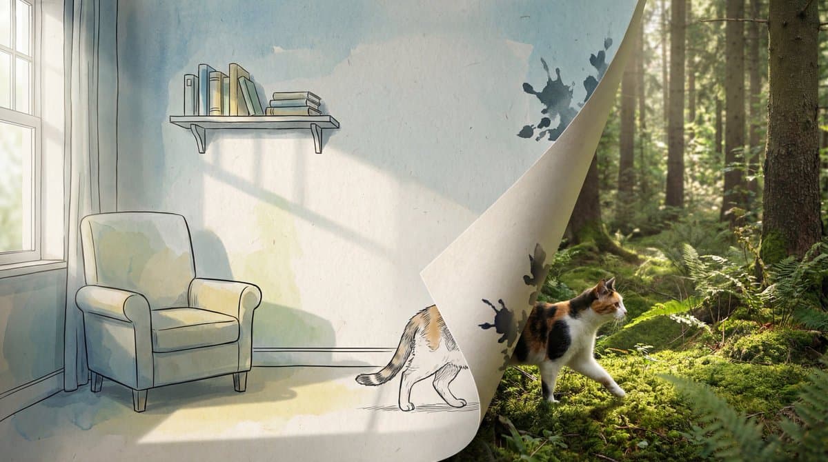 Whimsical Cat Journey: Sketch to Photorealistic Forest - Nature Landscapes AI prompt