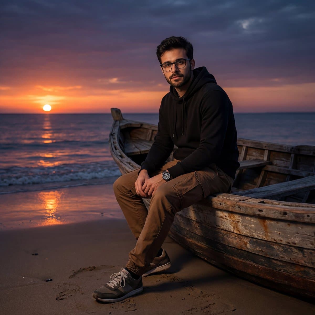 Photorealistic Portrait of Man at Sunset on Beach with Boat - Portrait Photography AI prompt