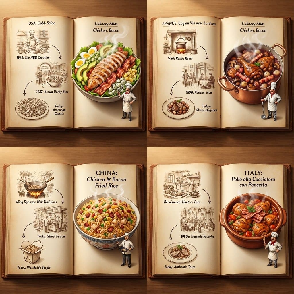 Culinary Atlas: Chicken & Bacon Dishes, Global Food History - Food Culinary AI prompt