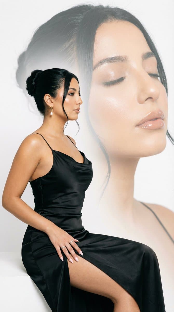 Elegant Woman in Black Satin Slip Dress - Fashion Portrait - Fashion Photography AI prompt
