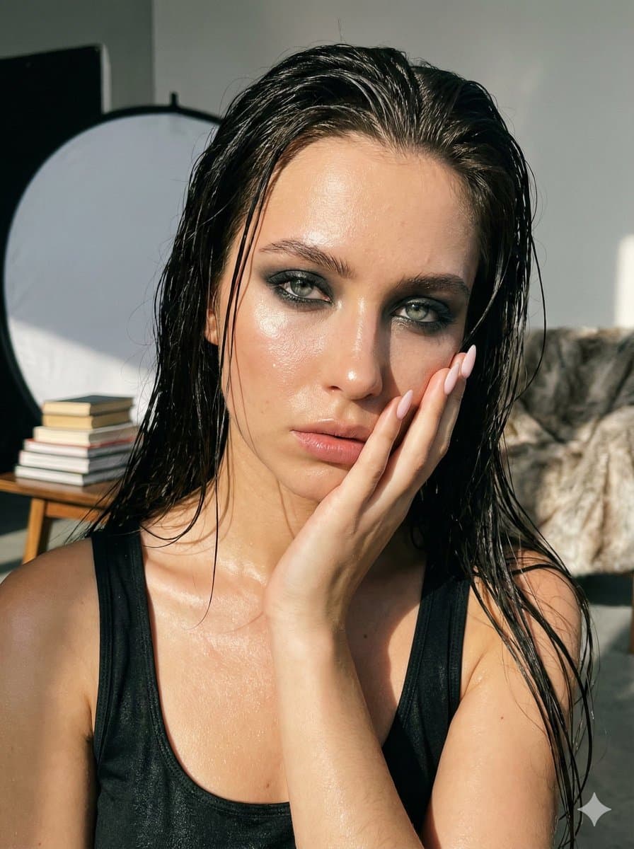 Intense Beauty Portrait: Wet Hair, Smoky Eyes & Glamorous Look - Portrait Photography AI prompt