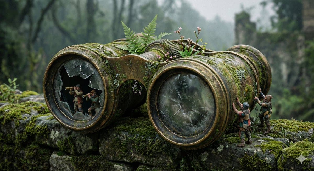 Miniature Explorers on Mossy Binoculars in Fantasy Forest - 3d Miniatures AI prompt