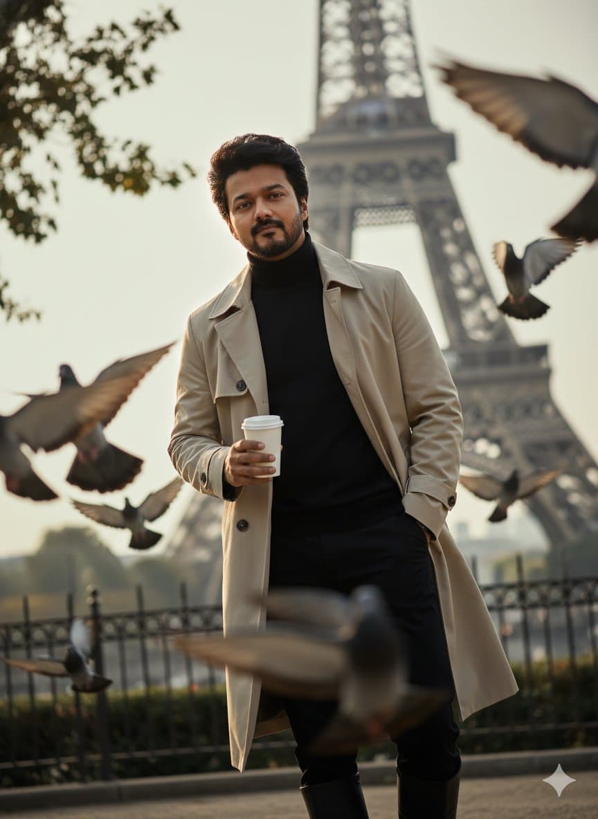 Stylish Man in Trench Coat with Eiffel Tower & Pigeons - Portrait Photography AI prompt