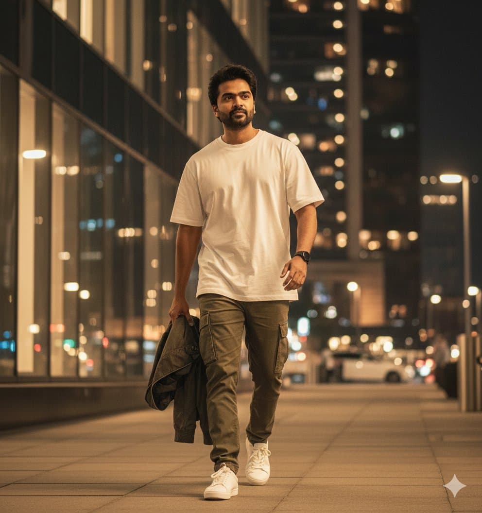 Urban Night Portrait: Man in Streetwear Walking City Sidewalk - Portrait Photography AI prompt