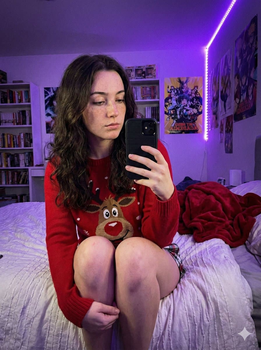 Young Woman Christmas Sweater Selfie | Purple Bedroom - Portrait Photography AI prompt