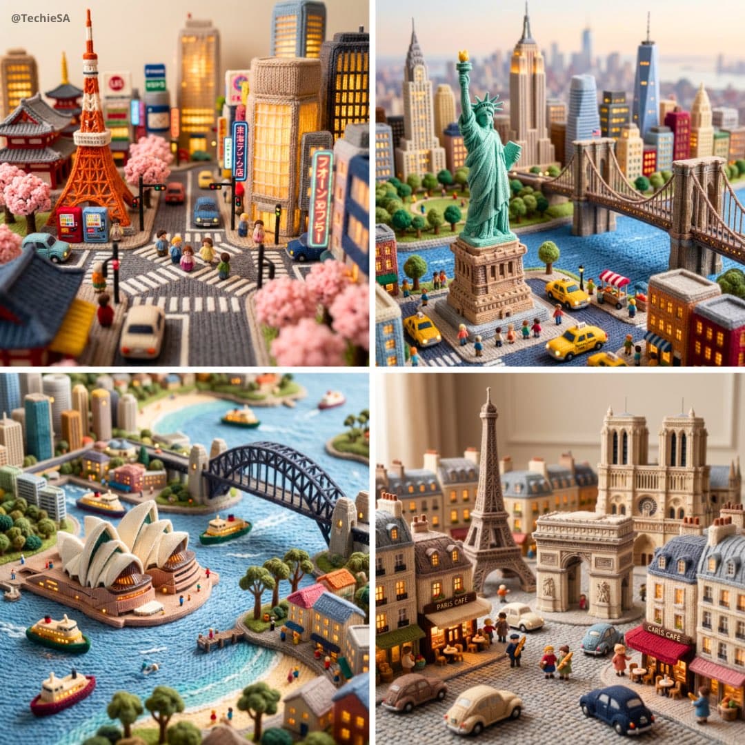 Knitted Miniature Cityscapes: Global Landmarks Art - 3d Miniatures AI prompt