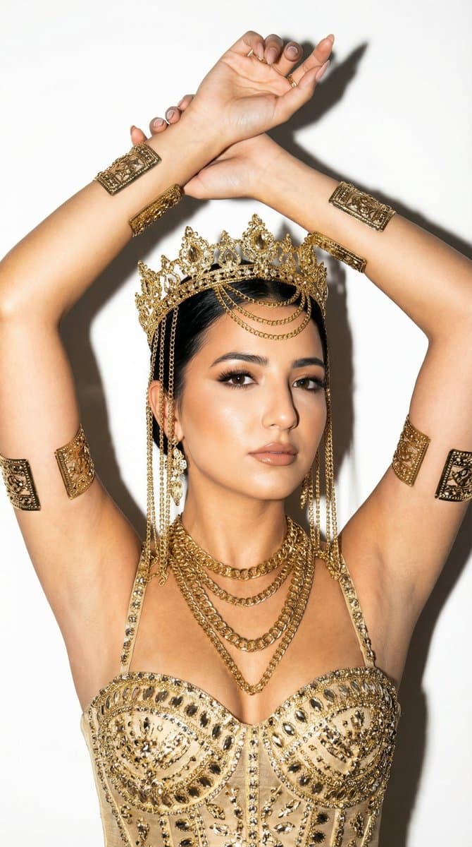 Regal Gold Fashion Portrait: Woman in Opulent Crown - Fashion Photography AI prompt