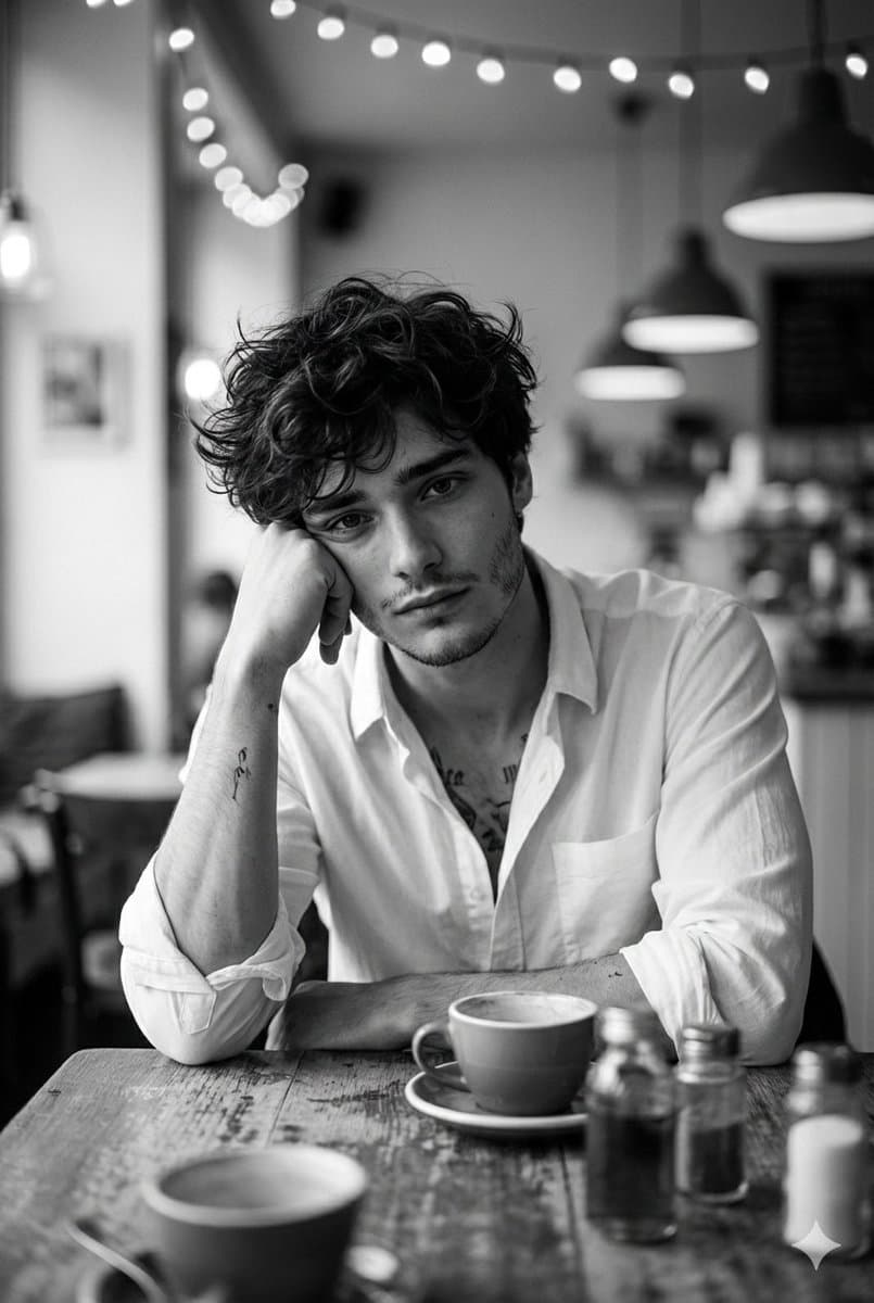 Black and White Cafe Portrait of Pensive Man - Portrait Photography AI prompt