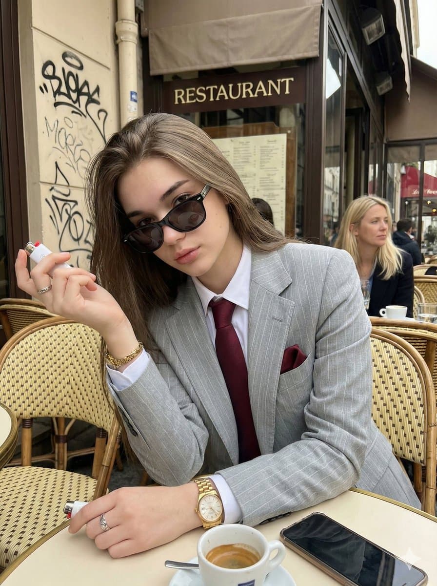 Stylish Woman in Suit and Tie at Urban Cafe Photo - Fashion Photography AI prompt