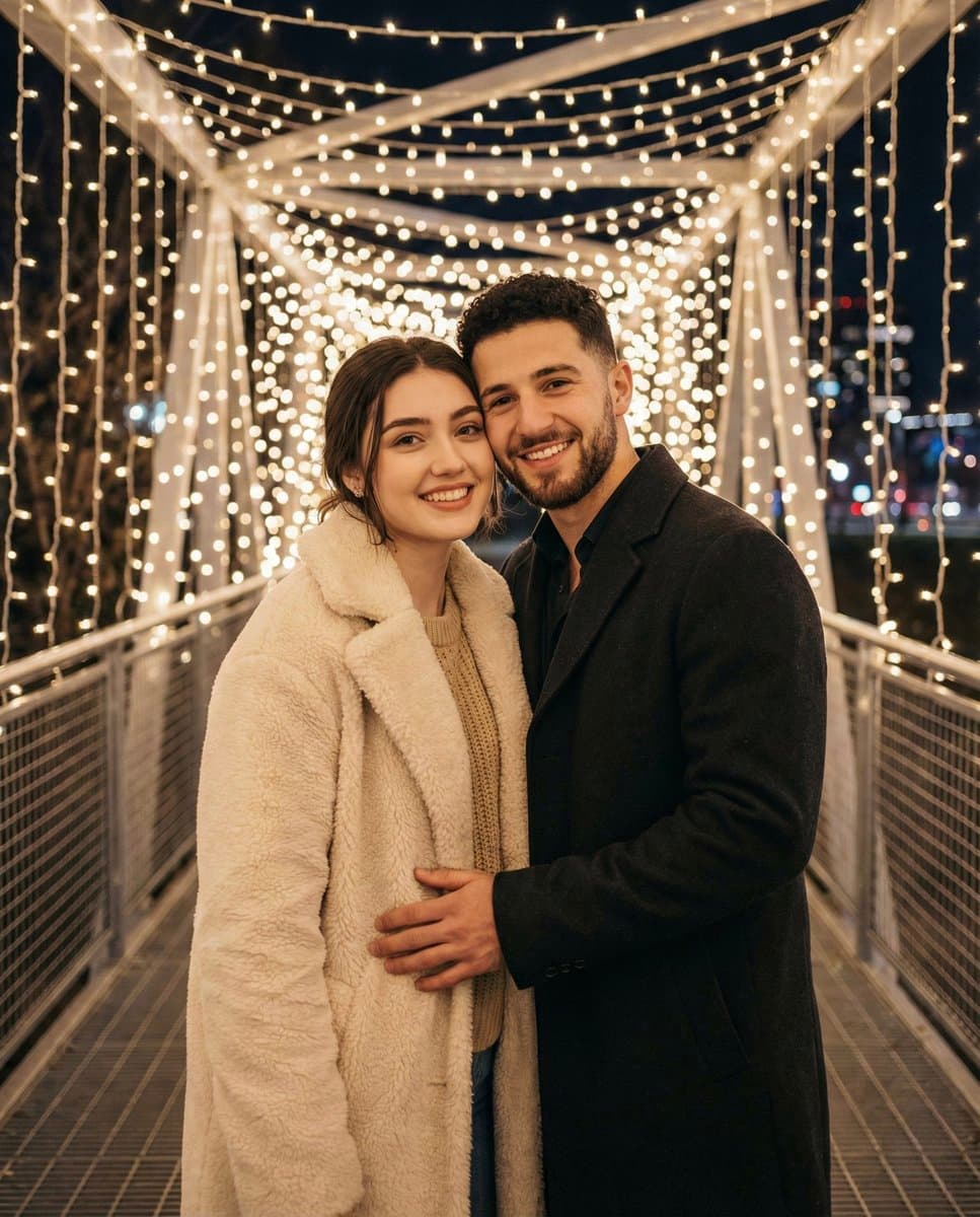 Romantic Couple Portrait with String Lights at Night - Portrait Photography AI prompt