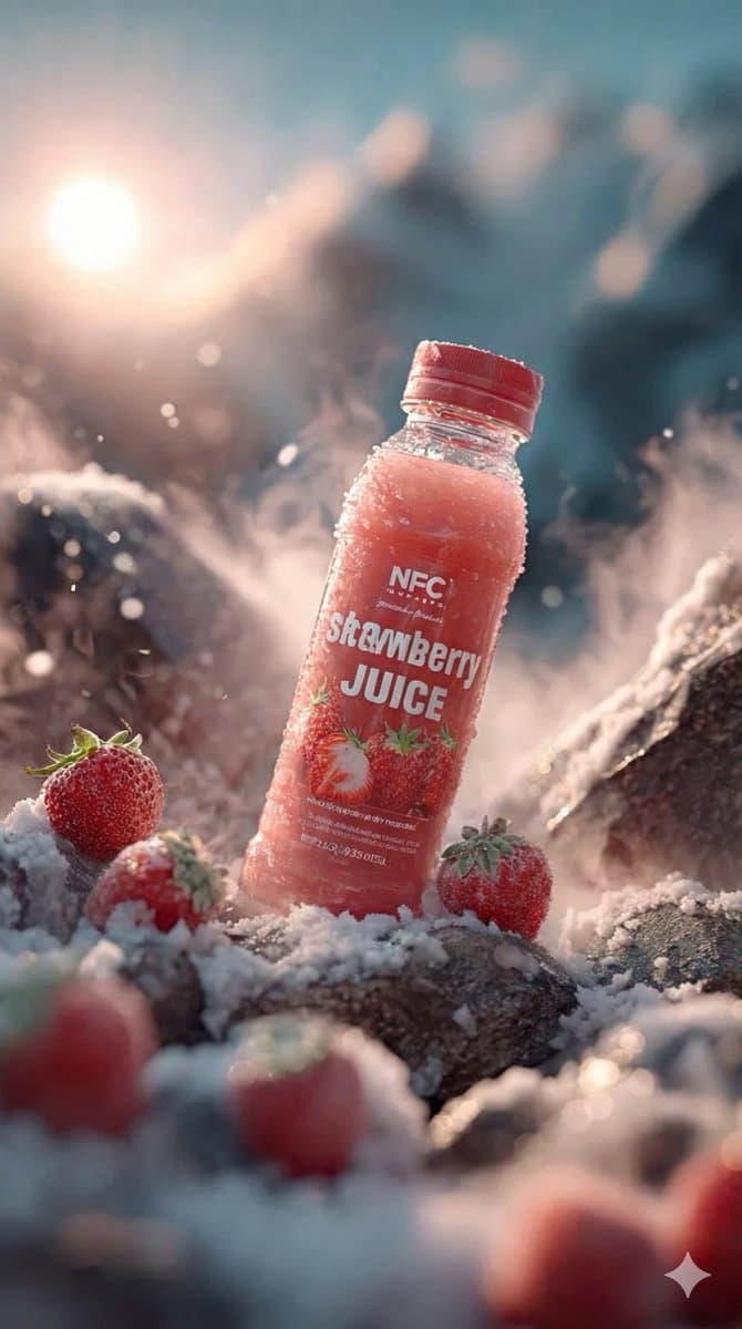 Refreshing Strawberry Juice Bottle in Snowy Winter Scene - Product Photography AI prompt
