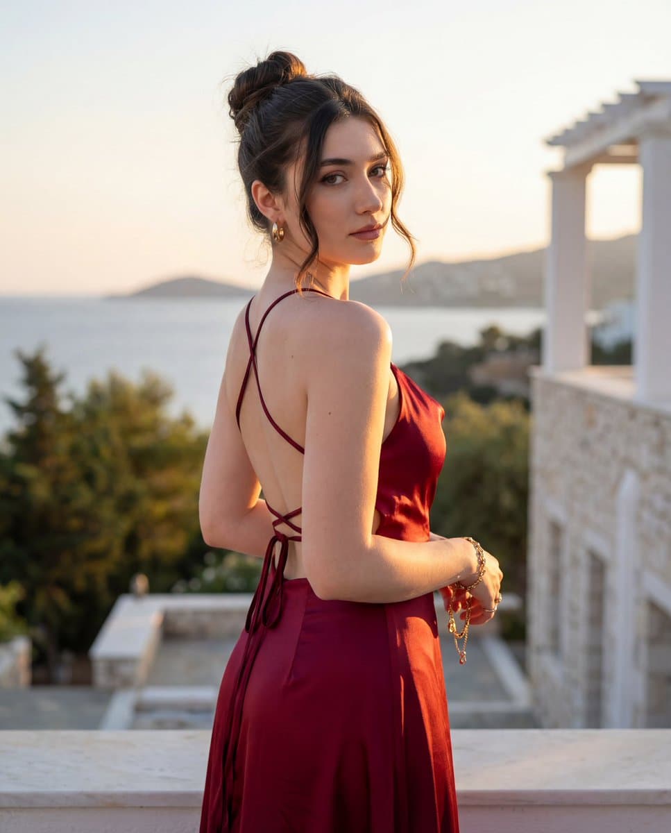 Elegant Backless Dress Portrait at Sunset | Golden Hour Fashion - Portrait Photography AI prompt