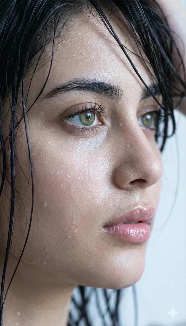 Wet Face Portrait: Woman with Green Eyes & Natural Beauty - Portrait Photography AI prompt