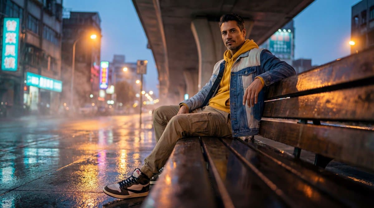 Stylish Man Urban Fashion Rainy City Night Portrait - Fashion Photography AI prompt