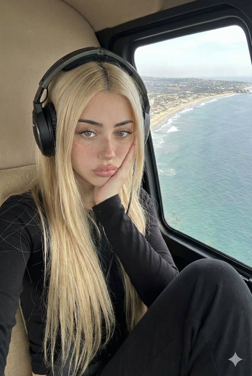Woman in Helicopter with Ocean View | Photorealistic Portrait - Portrait Photography AI prompt